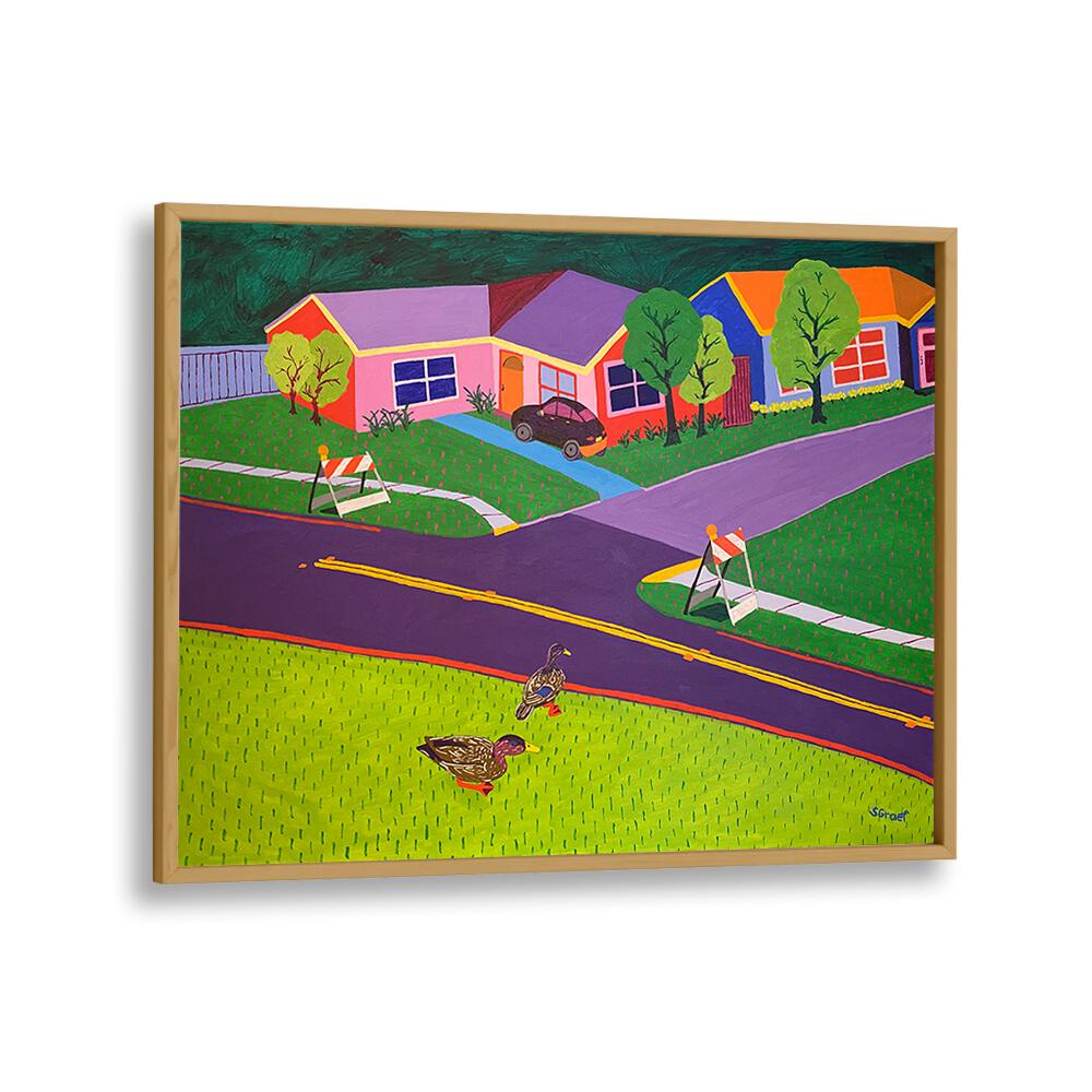 barricades and ducks landscape art prints in Oak Wood Plain Frame