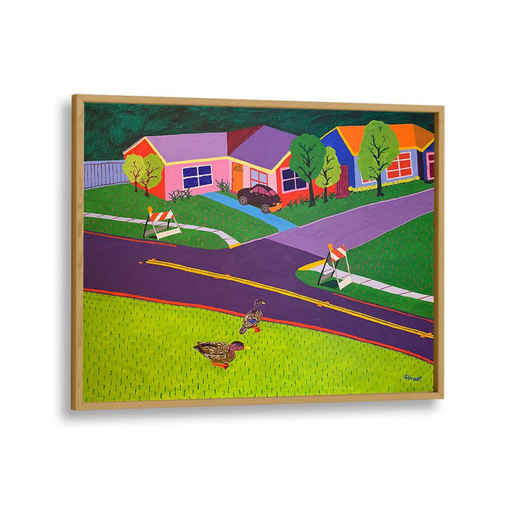 barricades and ducks landscape art prints in Oak Wood Plain Frame