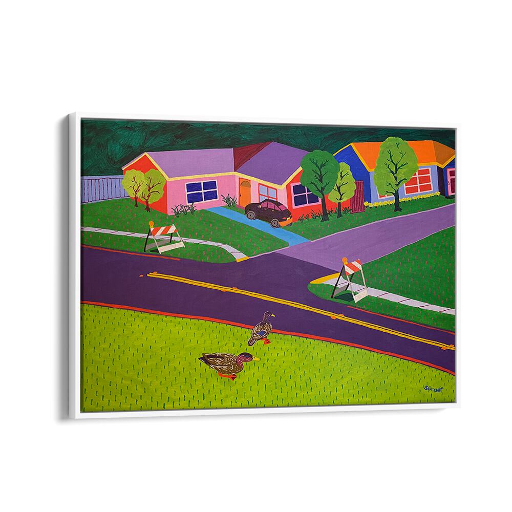 barricades and ducks landscape art prints in White Floater Frame