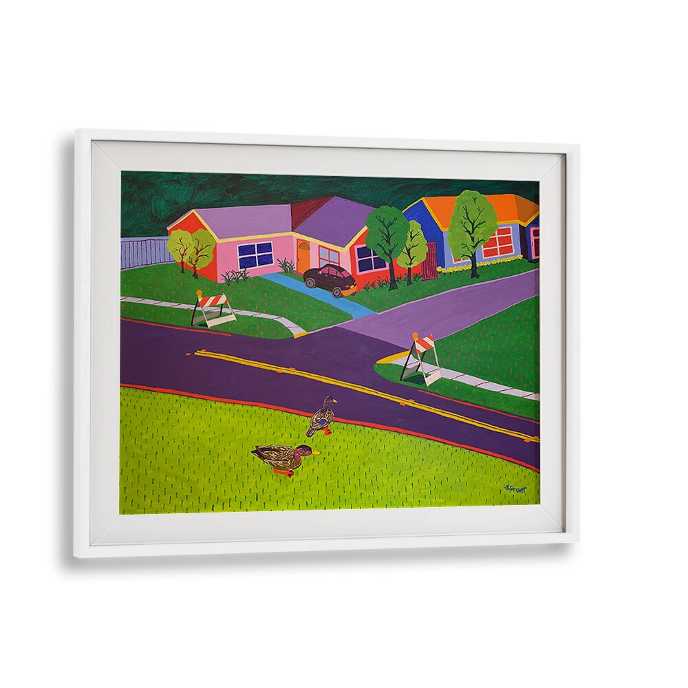 barricades and ducks landscape art prints in White Frame With Mount