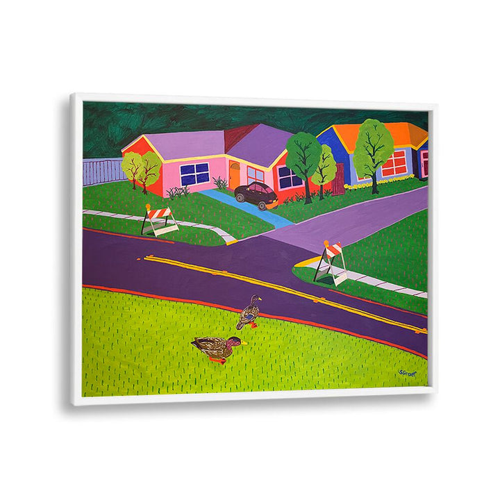 barricades and ducks landscape art prints in White Plain Frame