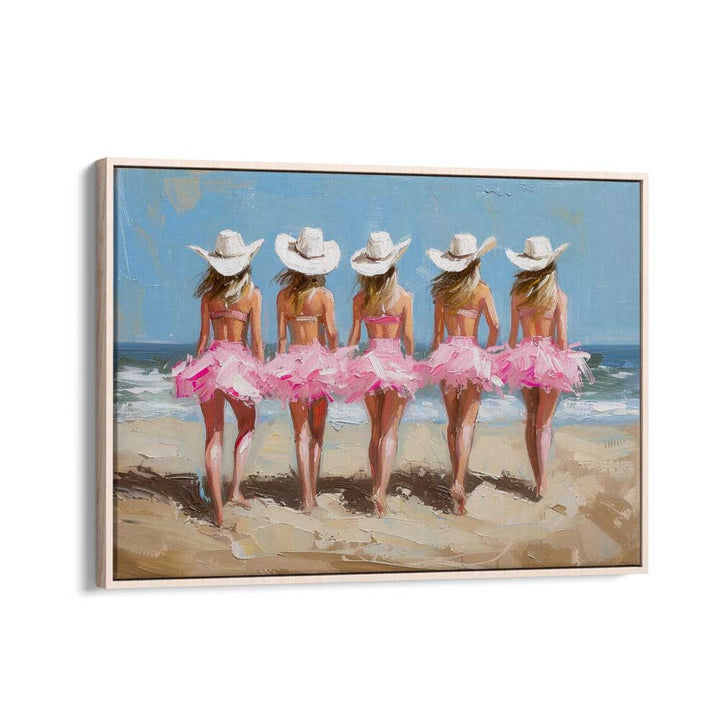 beachside cow girl chics electric wall art prints in Oak Wood Floater Frame