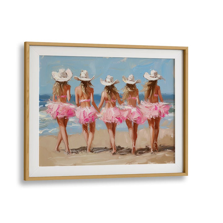 beachside cow girl chics electric wall art prints in Oak Wood Frame With Mount