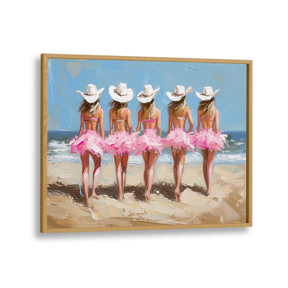 beachside cow girl chics electric wall art prints in Oak Wood Plain Frame