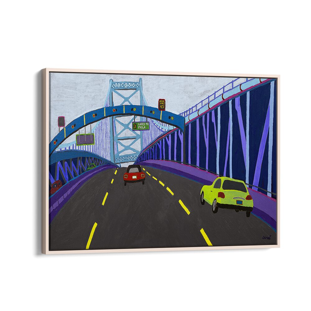 ben franklin bridge landscape art prints in Oak Wood Floater Frame