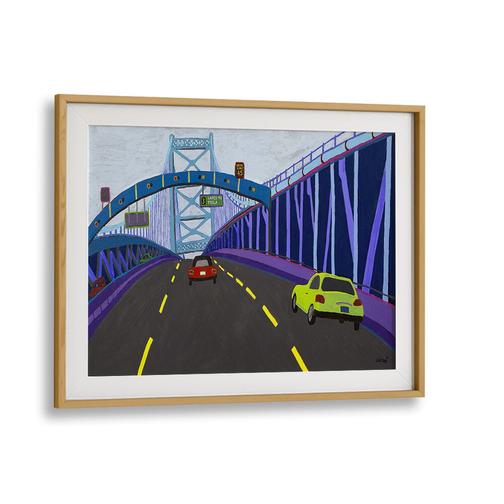 ben franklin bridge landscape art prints in Oak Wood Frame With Mount