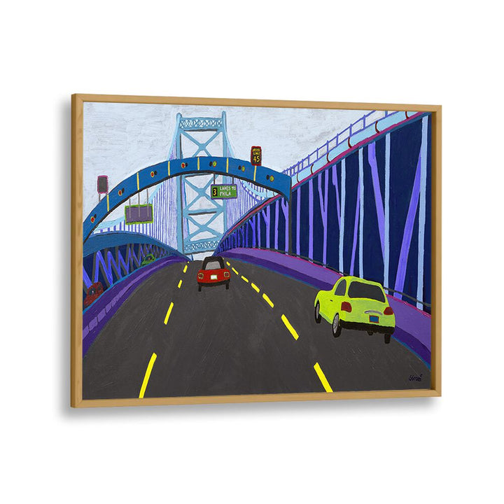 ben franklin bridge landscape art prints in Oak Wood Plain Frame