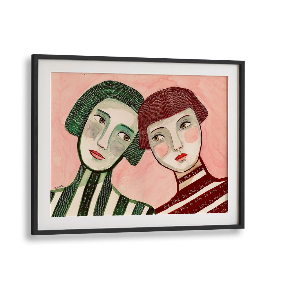 best friends women illustration paintings in Black Frame With Mount