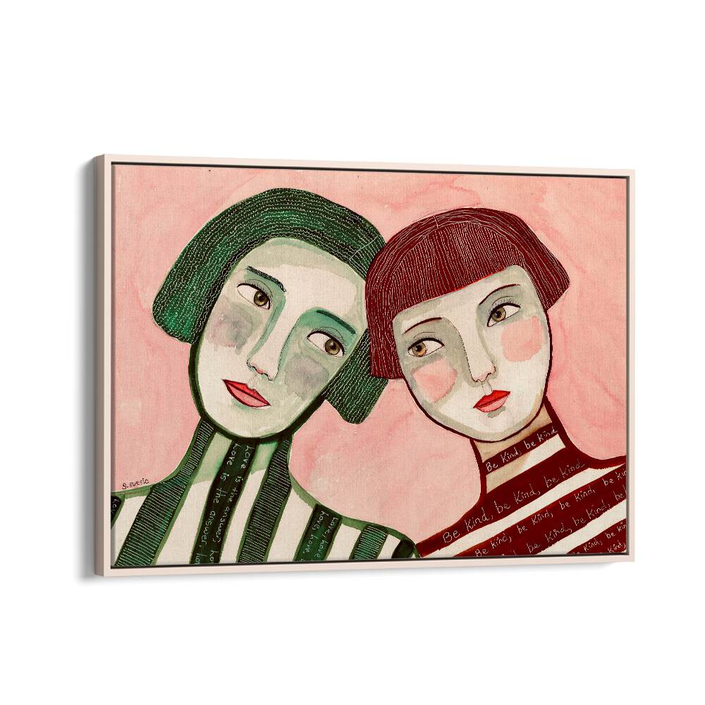 best friends women illustration paintings in Oak Wood Floater Frame