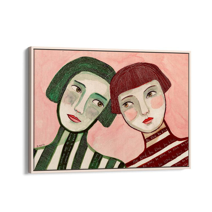 best friends women illustration paintings in Oak Wood Floater Frame