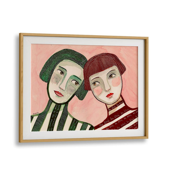 best friends women illustration paintings in Oak Wood Frame With Mount 