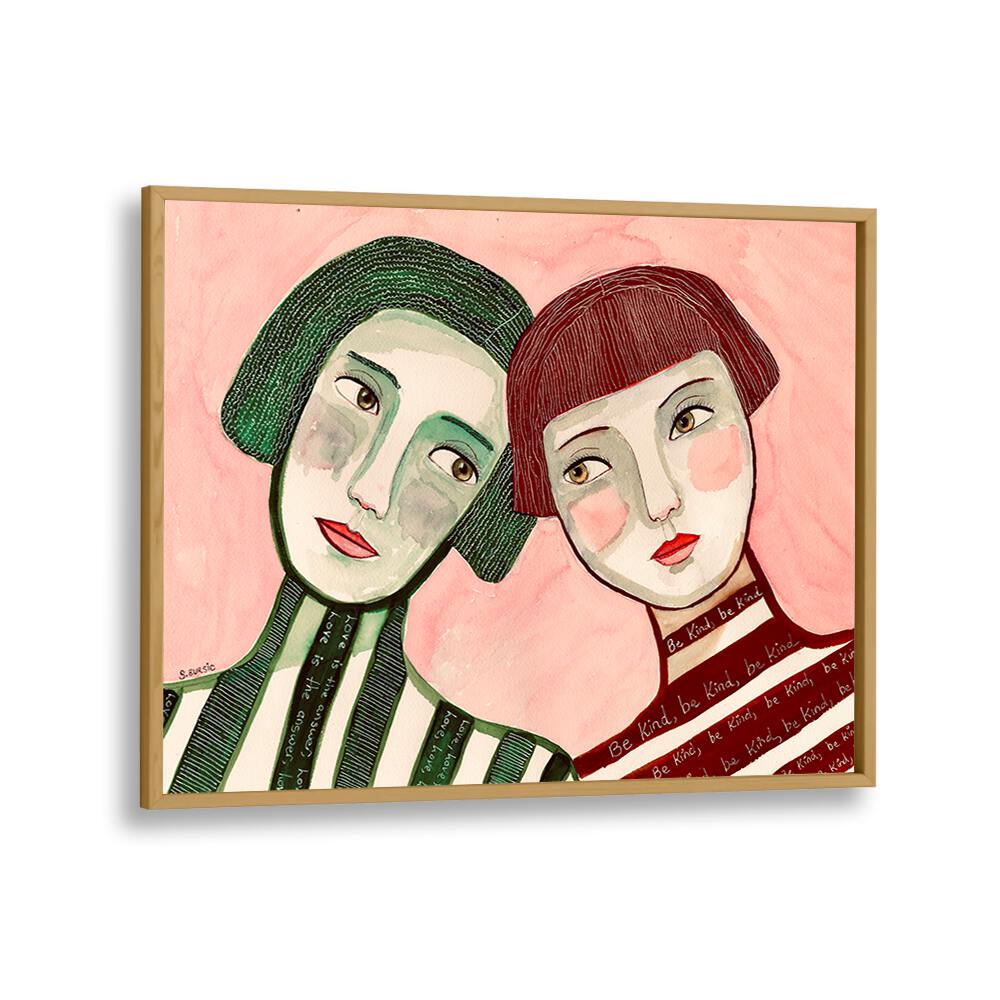 best friends women illustration paintings in Oak Wood Plain Frame