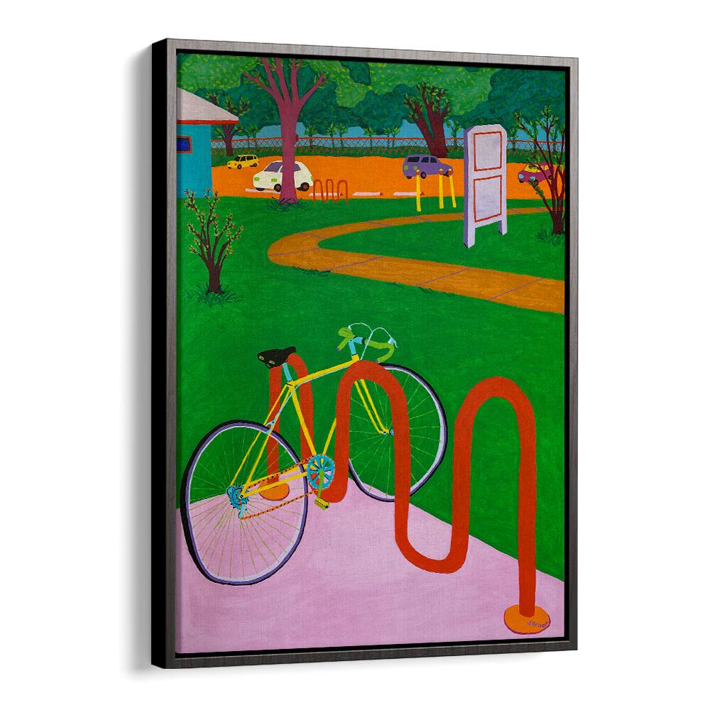 bike in the park landscape art prints in Black Floater Frame