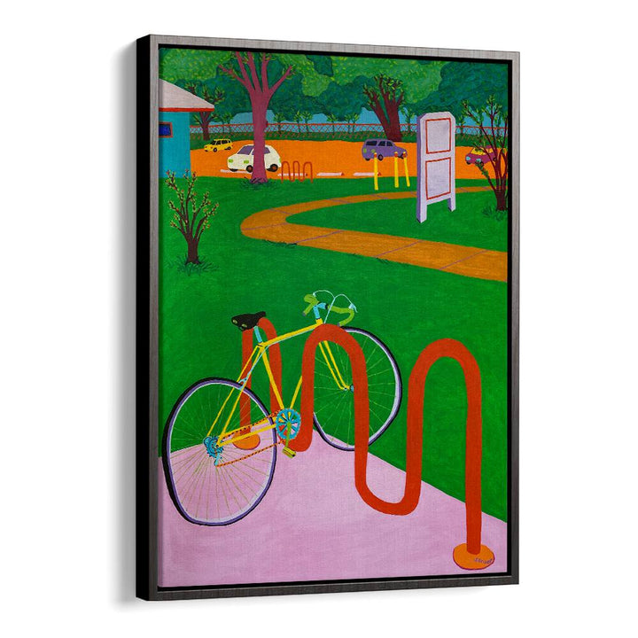 bike in the park landscape art prints in Black Floater Frame