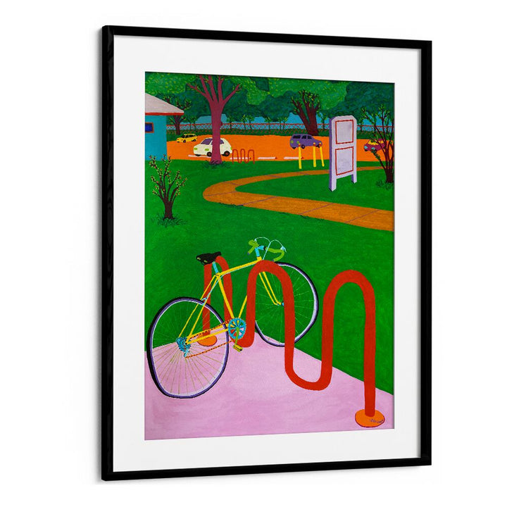 bike in the park landscape art prints in Black Frame With Mount