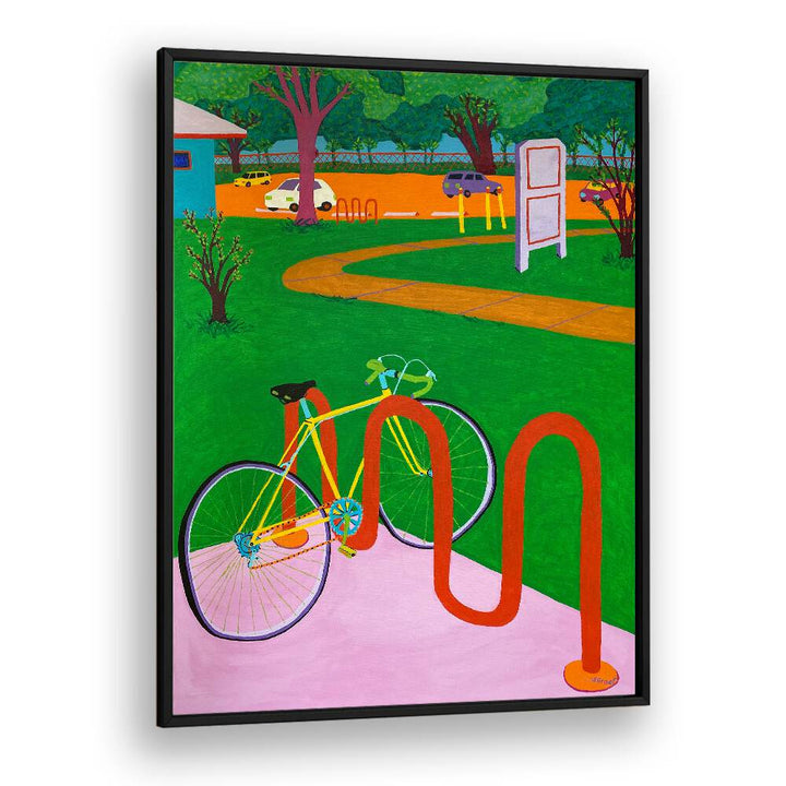 bike in the park landscape art prints in Black Plain Frame
