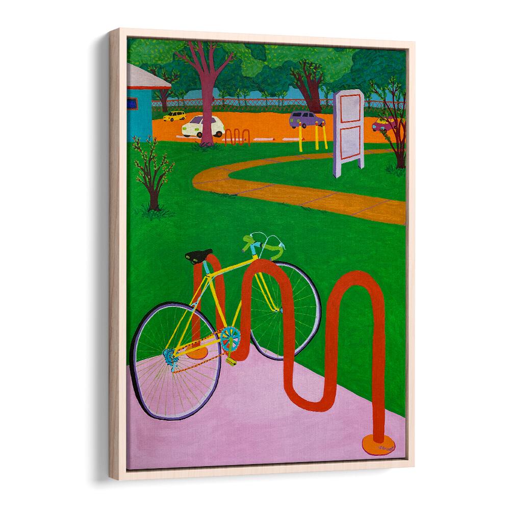 bike in the park landscape art prints in Oak Wood Floater Frame
