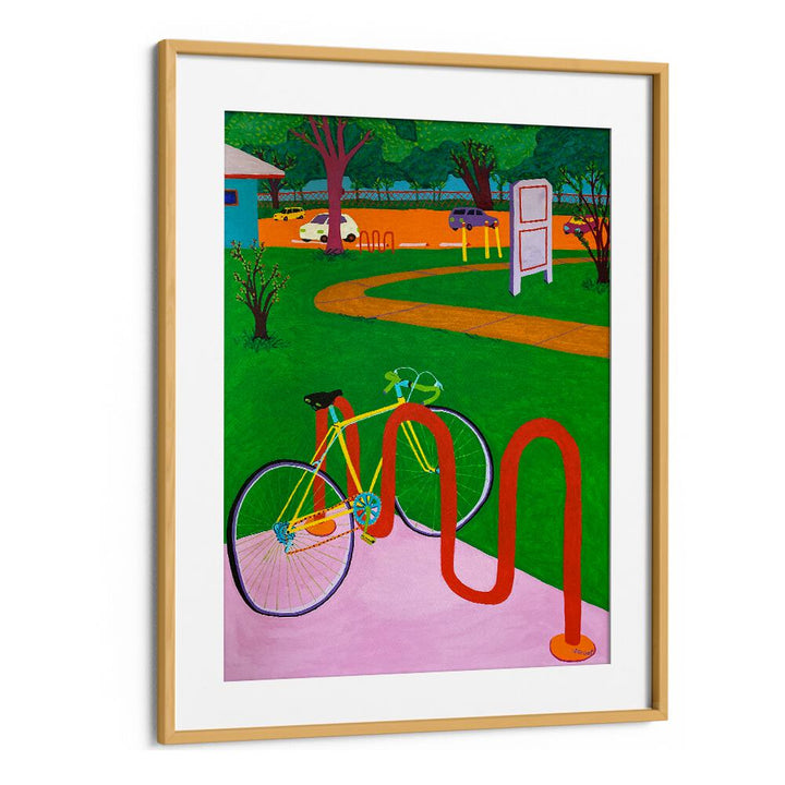 bike in the park landscape art prints in Oak Wood Frame With Mount