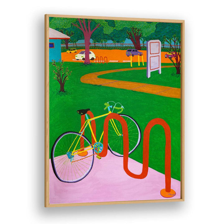 bike in the park landscape art prints in Oak Wood Plain Frame