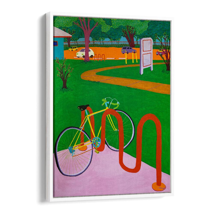 bike in the park landscape art prints in White Floater Frame