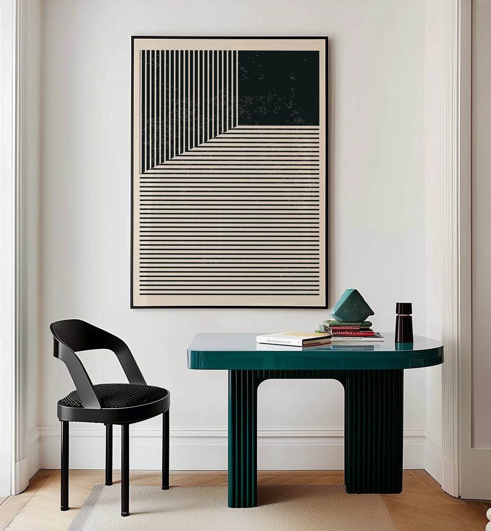 black and white lines series I by jay stanley geometric paintings Artwork II placed on a wall