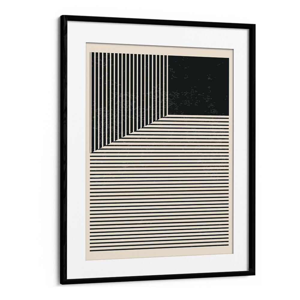 black and white lines series I by jay stanley geometric paintings in Black Frame With Mount