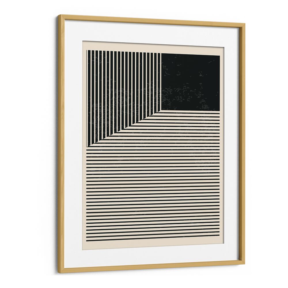 black and white lines series I by jay stanley geometric paintings in Oak Wood Frame With Mount