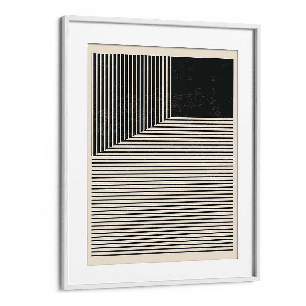 black and white lines series I by jay stanley geometric paintings in White Frame With Mount