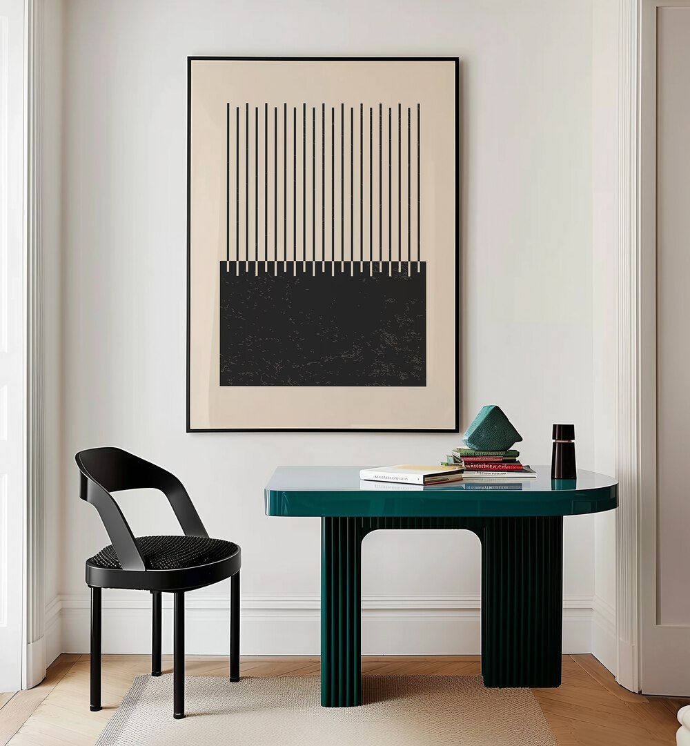 black and white lines series II by jay stanley geometric paintings Artwork II placed on a wall