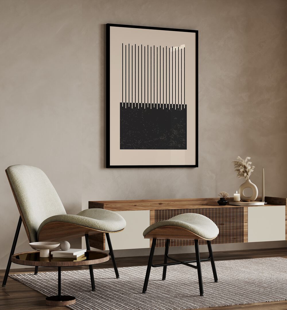 black and white lines series II by jay stanley geometric paintings Artwork III placed on a wall