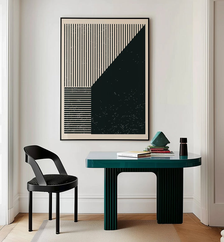 black and white lines series IV by jay stanley geometric paintings Artwork II placed on a wall