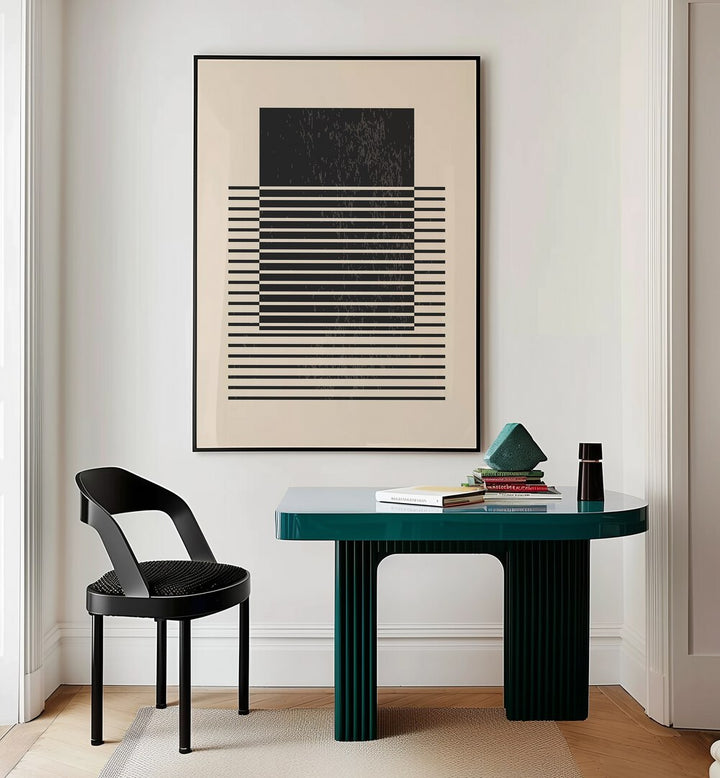 black and white lines series V by jay stanley geometric paintings Artwork II placed on a wall