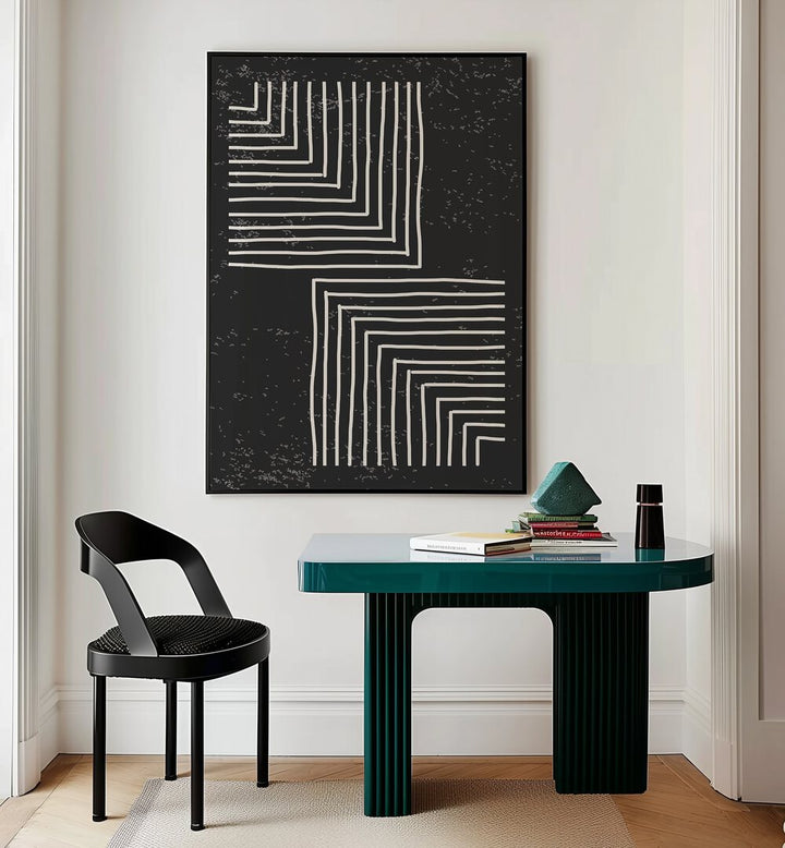 black and white lines series VI by jay stanley geometric paintings Artwork II placed on a wall