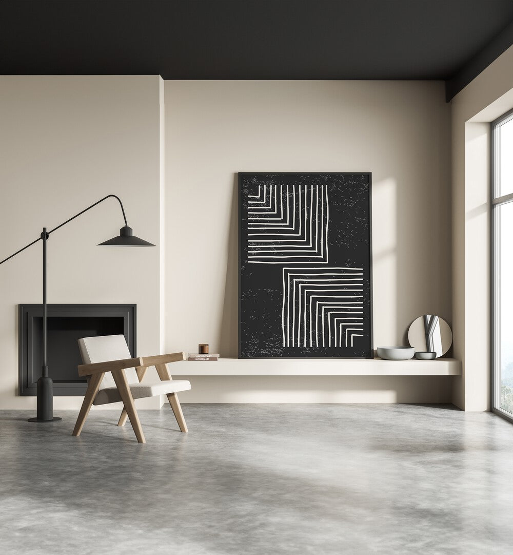 black and white lines series VI by jay stanley geometric paintings Artwork III placed on a wall