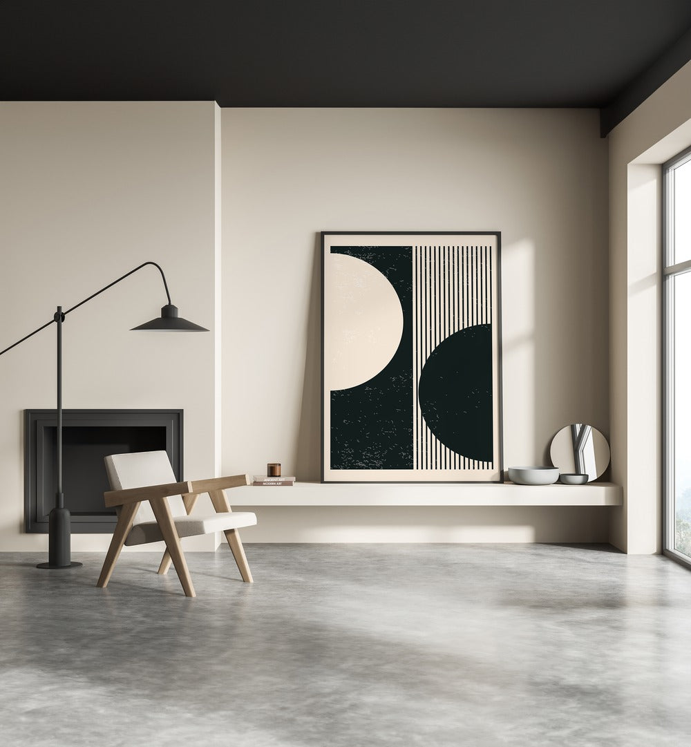 black and white planets series i by jay stanley geometric art prints geometric paintings Artwork II placed on a wall