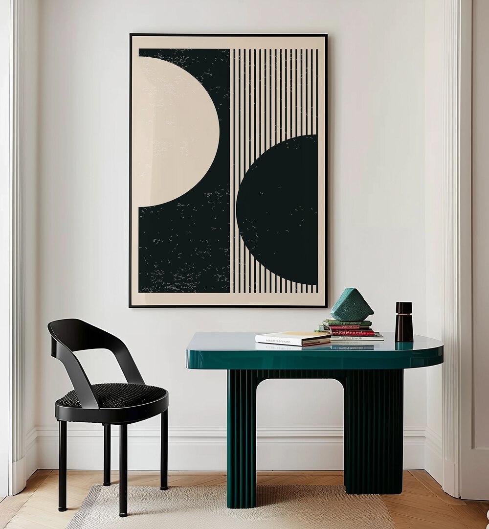 black and white planets series i by jay stanley geometric art prints geometric paintings Artwork III placed on a wall