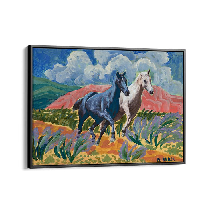 Stunning WATCH THEM RIDE, ANIMAL PAINTINGS feature two vibrant horses galloping through a colorful landscape.