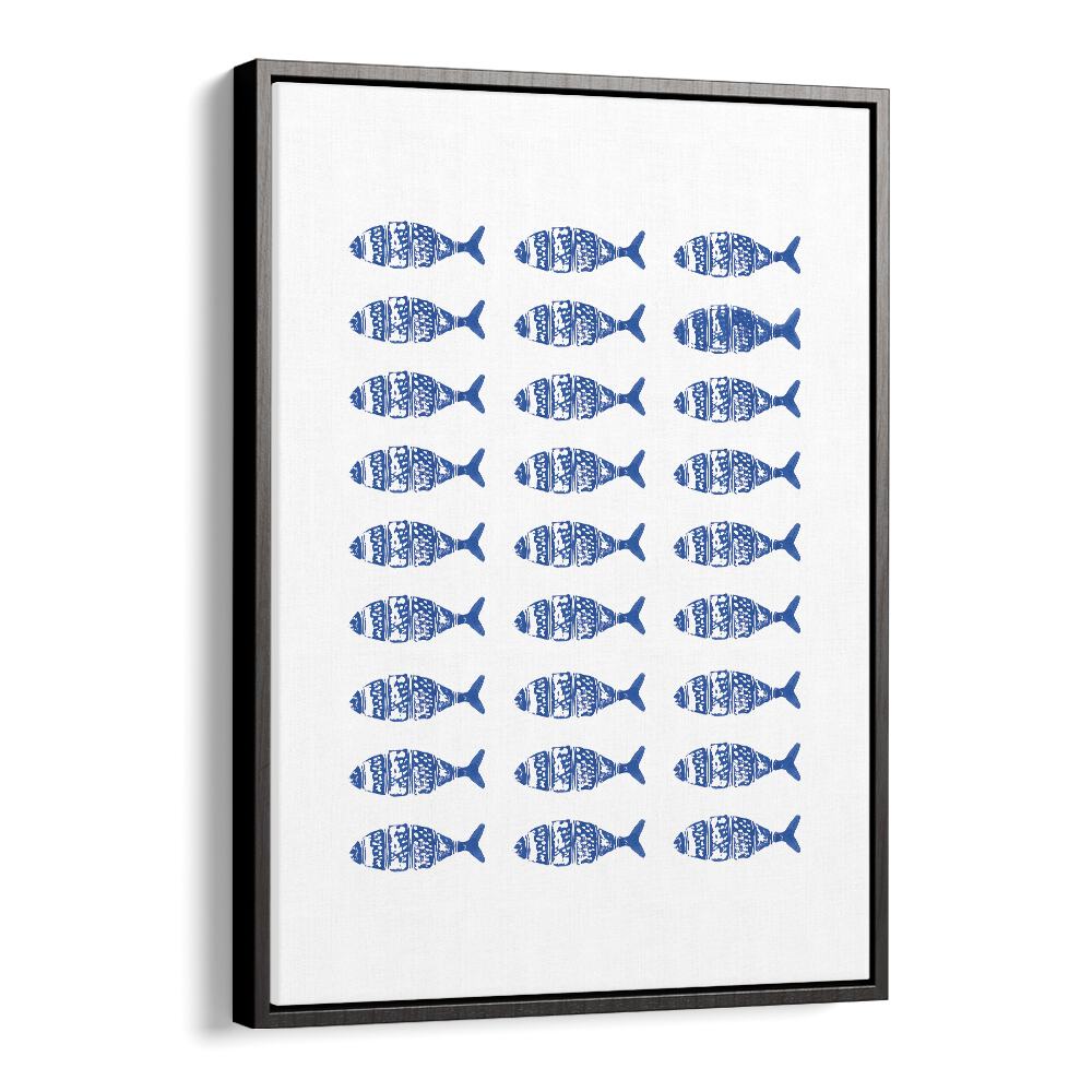 FISH ROW, BEACH PRINTS showcase a vibrant pattern of blue fish, perfect for coastal-themed decor.