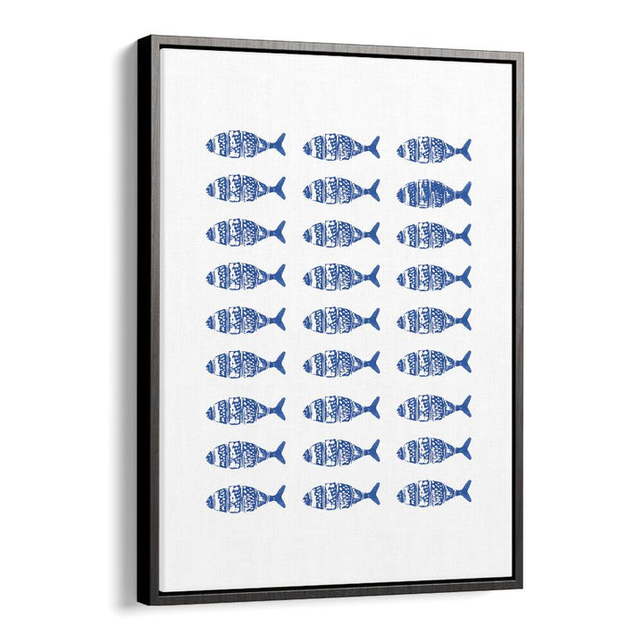 FISH ROW, BEACH PRINTS showcase a vibrant pattern of blue fish, perfect for coastal-themed decor.