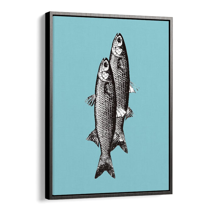 Stylish TWO FISHES, KITCHEN POSTERS featuring a bold design on a vibrant blue background, perfect for kitchen decor.