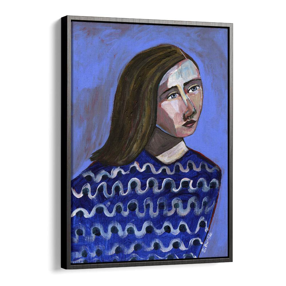 Vintage painting - WOMAN IN BLUE SWEATER NAIVE PORTRAIT FIGURATIVE by Asianmonk