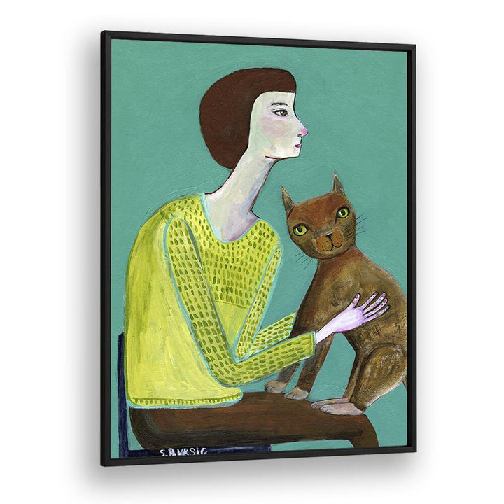 Vintage painting - LADY SITTING WITH BROWN CAT CAT LOVER by Asianmonk