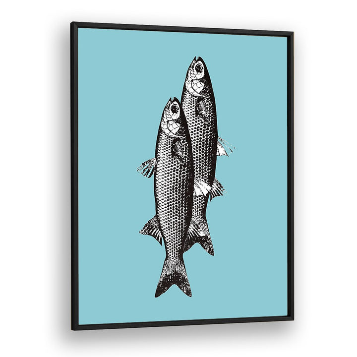 Stylish TWO FISHES, KITCHEN POSTERS featuring two fish illustrations on a vibrant blue background. Perfect for decor!