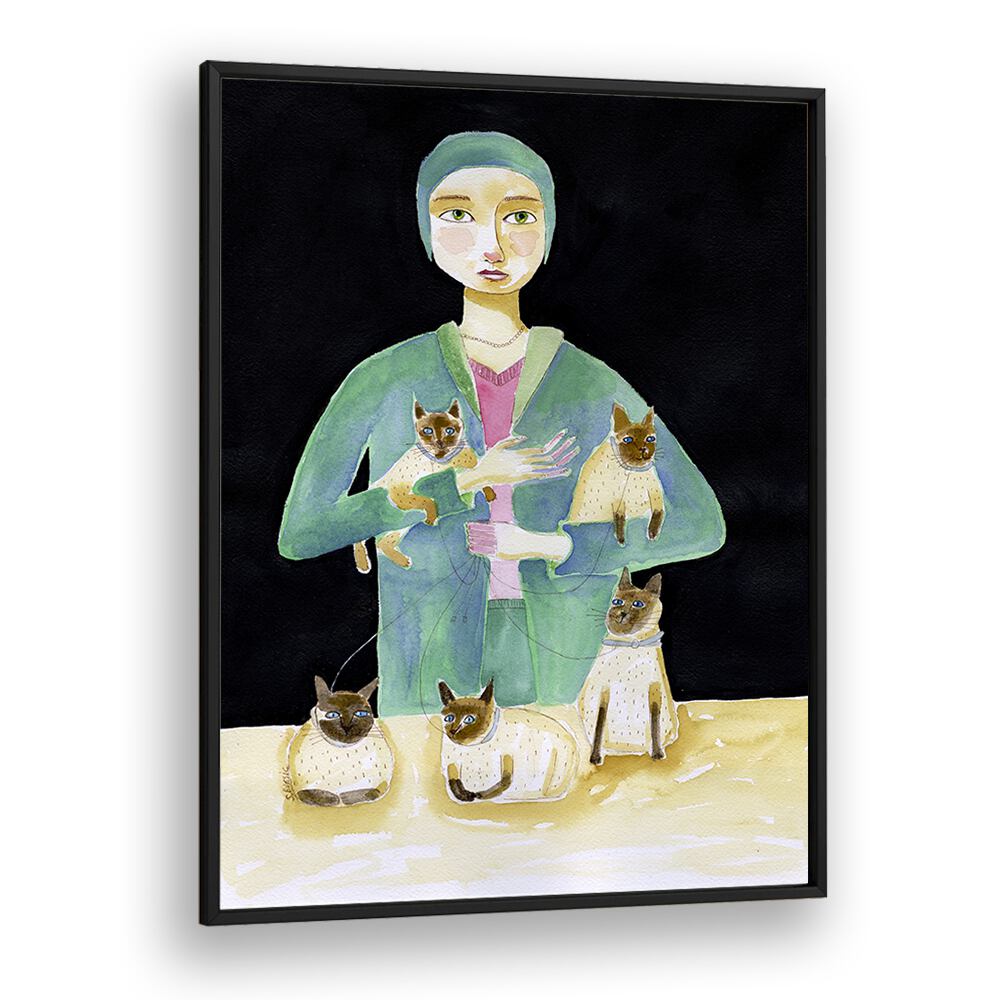 Vintage painting - LADY WITH FIVE SIAMESE CATS by Asianmonk