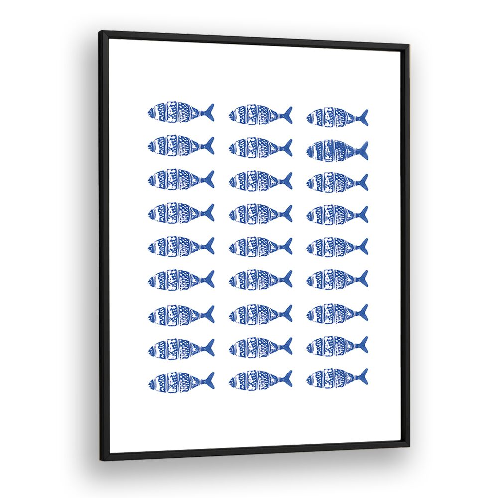 Stylish FISH ROW, BEACH PRINTS featuring blue fish patterns in a sleek black frame, perfect for coastal decor.