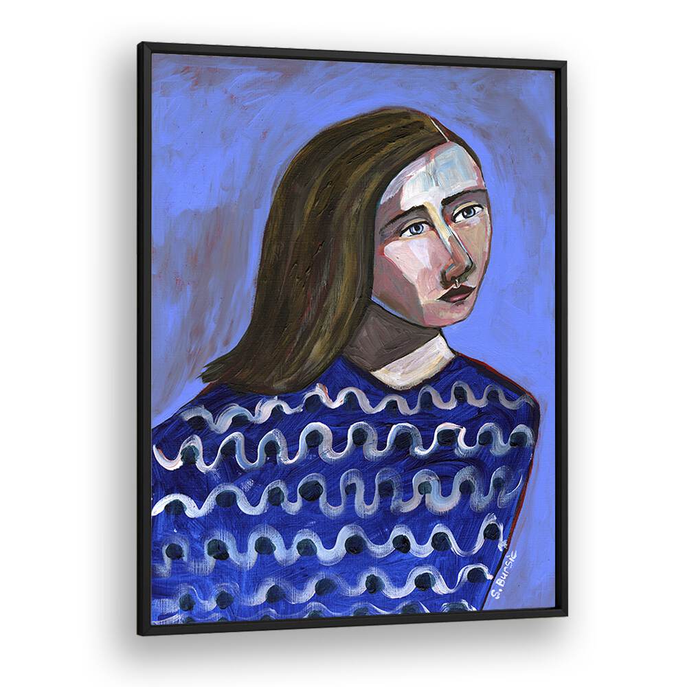 Vintage painting - WOMAN IN BLUE SWEATER NAIVE PORTRAIT FIGURATIVE by Asianmonk