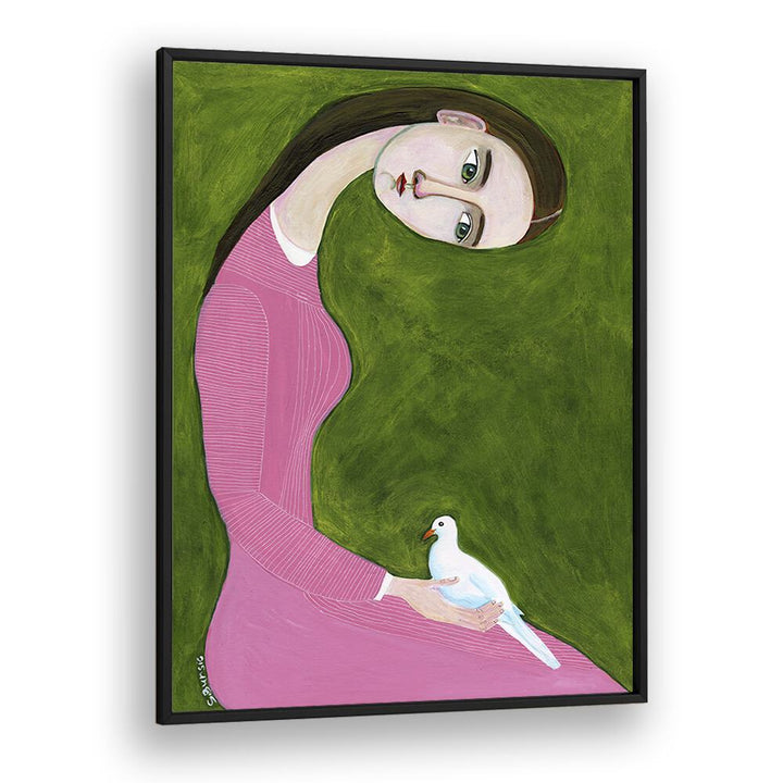 Vintage painting - GIRL WITH DOVE SITTING WITH PINK DRESS by Asianmonk