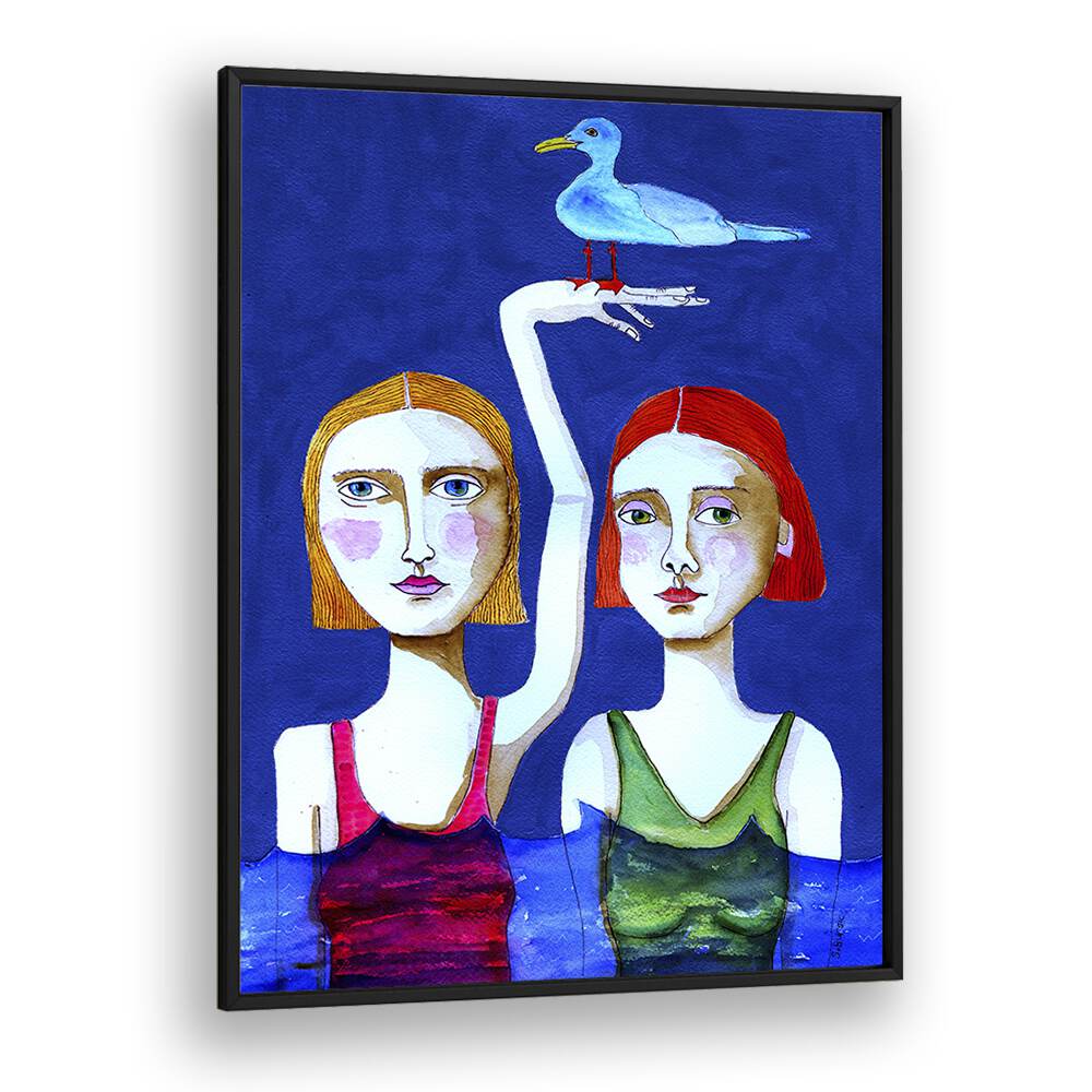 Vintage painting - SWIMMING LADIES WITH BLUE BIRD by Asianmonk