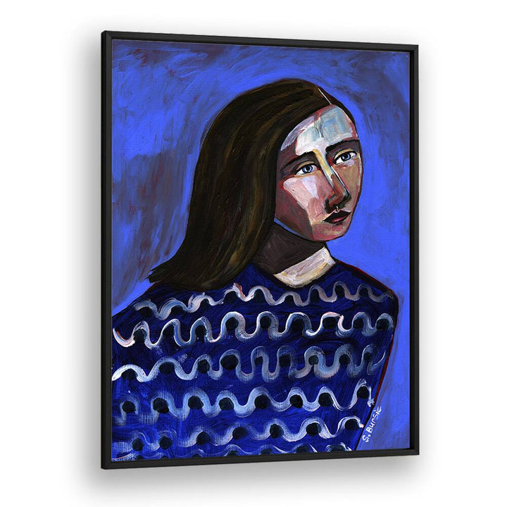 Vintage painting - WOMAN IN BLUE SWEATER NAIVE PORTRAIT FIGURATIVE II by Asianmonk