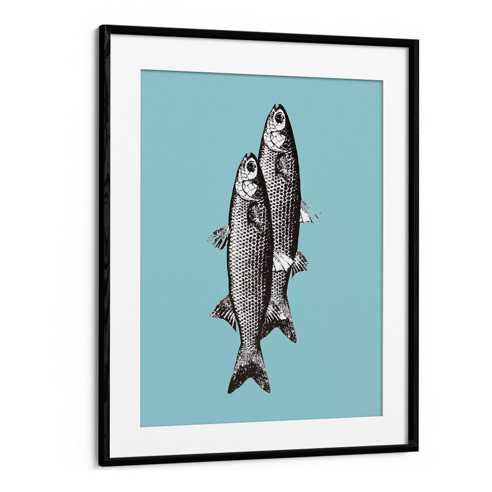 Stylish TWO FISHES, KITCHEN POSTERS featuring a vintage design on a teal background for your culinary space.
